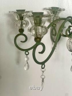 Vintage Hollywood Regency Palm Leaf Chandelier Glass Candle Holders & Prisms