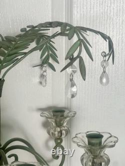 Vintage Hollywood Regency Palm Leaf Chandelier Glass Candle Holders & Prisms