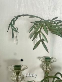 Vintage Hollywood Regency Palm Leaf Chandelier Glass Candle Holders & Prisms