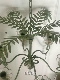 Vintage Hollywood Regency Palm Leaf Chandelier Glass Candle Holders & Prisms