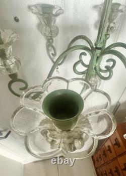 Vintage Hollywood Regency Palm Leaf Chandelier Glass Candle Holders & Prisms