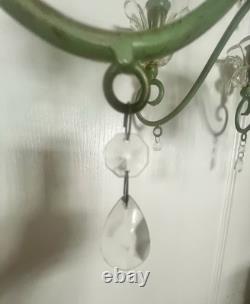 Vintage Hollywood Regency Palm Leaf Chandelier Glass Candle Holders & Prisms