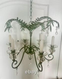 Vintage Hollywood Regency Palm Leaf Chandelier Glass Candle Holders & Prisms
