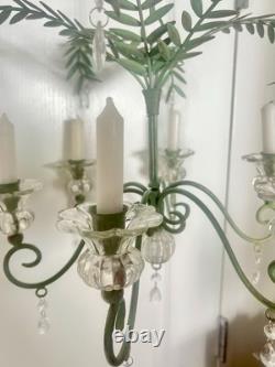 Vintage Hollywood Regency Palm Leaf Chandelier Glass Candle Holders & Prisms