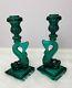 Vintage Imperial Glass Mma Green Glass Dolphin Koi Fish Candle Holder Set Of Two