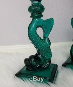 Vintage Imperial Glass MMA Green Glass Dolphin Koi Fish Candle Holder Set of Two