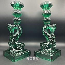 Vintage Imperial MMA Koi Fish Glass Candlestick Candle Holder 11 Teal Green