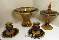 Vintage Indiana Glass Amber Art Deco Console 6 Pc. Set 2 Compote Candle Holders