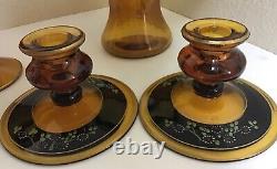 Vintage Indiana Glass Amber Art Deco Console 6 Pc. Set 2 Compote Candle Holders