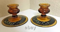 Vintage Indiana Glass Amber Art Deco Console 6 Pc. Set 2 Compote Candle Holders