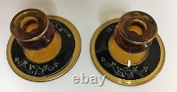 Vintage Indiana Glass Amber Art Deco Console 6 Pc. Set 2 Compote Candle Holders