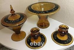 Vintage Indiana Glass Amber Art Deco Console 6 Pc. Set 2 Compote Candle Holders