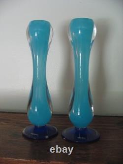 Vintage Kosta Boda Blue & Clear Glass Candle Holders G. Sahlin Design about 12T