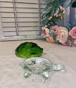 Vintage LE Smith Glass Green Shell Turtle Fairy Lamp Light Candle Holder 2 pc