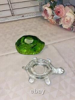 Vintage LE Smith Glass Green Shell Turtle Fairy Lamp Light Candle Holder 2 pc