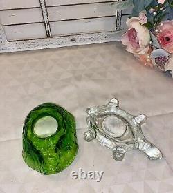 Vintage LE Smith Glass Green Shell Turtle Fairy Lamp Light Candle Holder 2 pc