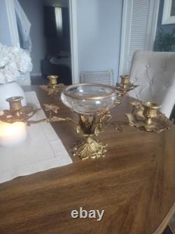 Vintage Large Brass Floral Candle Holder With Etched Glass Insert Centerpiece