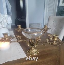 Vintage Large Brass Floral Candle Holder With Etched Glass Insert Centerpiece