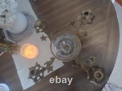 Vintage Large Brass Floral Candle Holder With Etched Glass Insert Centerpiece