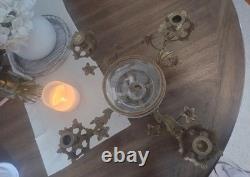 Vintage Large Brass Floral Candle Holder With Etched Glass Insert Centerpiece