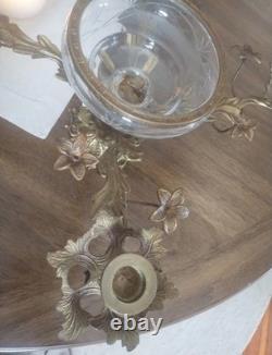 Vintage Large Brass Floral Candle Holder With Etched Glass Insert Centerpiece