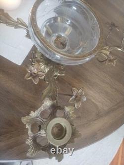 Vintage Large Brass Floral Candle Holder With Etched Glass Insert Centerpiece