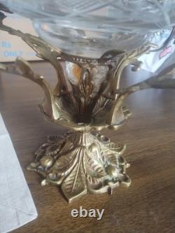 Vintage Large Brass Floral Candle Holder With Etched Glass Insert Centerpiece
