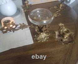 Vintage Large Brass Floral Candle Holder With Etched Glass Insert Centerpiece