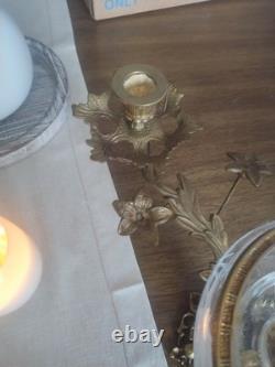 Vintage Large Brass Floral Candle Holder With Etched Glass Insert Centerpiece
