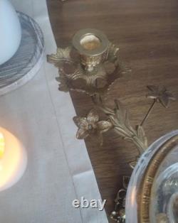 Vintage Large Brass Floral Candle Holder With Etched Glass Insert Centerpiece