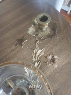 Vintage Large Brass Floral Candle Holder With Etched Glass Insert Centerpiece