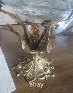 Vintage Large Brass Floral Candle Holder With Etched Glass Insert Centerpiece