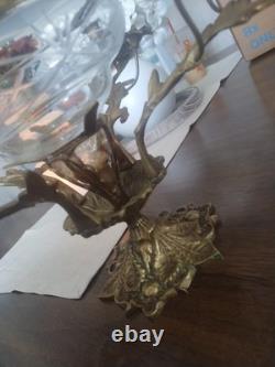 Vintage Large Brass Floral Candle Holder With Etched Glass Insert Centerpiece