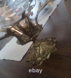 Vintage Large Brass Floral Candle Holder With Etched Glass Insert Centerpiece