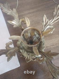 Vintage Large Brass Floral Candle Holder With Etched Glass Insert Centerpiece