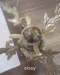 Vintage Large Brass Floral Candle Holder With Etched Glass Insert Centerpiece