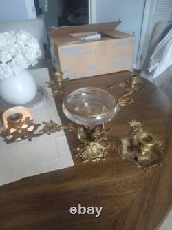 Vintage Large Brass Floral Candle Holder With Etched Glass Insert Centerpiece