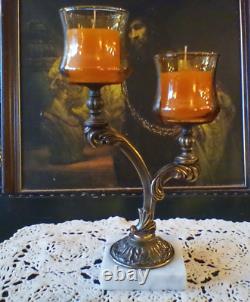 Vintage MCM Candleabra Candle Holder Brass Marble Amber Glass Votives