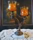 Vintage Mcm Candleabra Candle Holder Brass Marble Amber Glass Votives