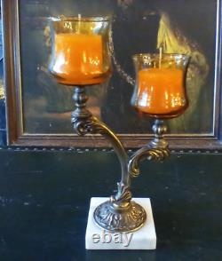 Vintage MCM Candleabra Candle Holder Brass Marble Amber Glass Votives