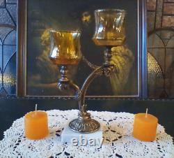 Vintage MCM Candleabra Candle Holder Brass Marble Amber Glass Votives