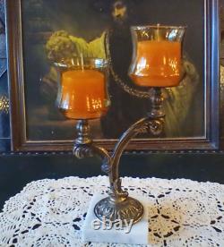 Vintage MCM Candleabra Candle Holder Brass Marble Amber Glass Votives