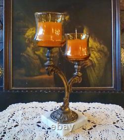 Vintage MCM Candleabra Candle Holder Brass Marble Amber Glass Votives