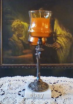 Vintage MCM Candleabra Candle Holder Brass Marble Amber Glass Votives