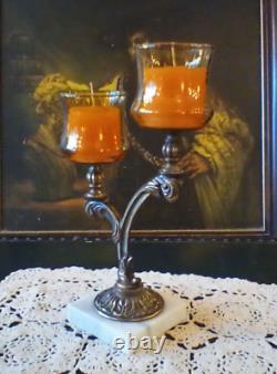 Vintage MCM Candleabra Candle Holder Brass Marble Amber Glass Votives