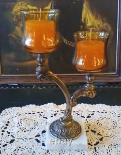 Vintage MCM Candleabra Candle Holder Brass Marble Amber Glass Votives