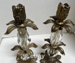 Vintage MCM HOLLYWOOD REGENCY Metal And Glass Candle Holders Shabby Chic
