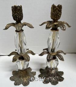 Vintage MCM HOLLYWOOD REGENCY Metal And Glass Candle Holders Shabby Chic