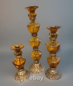 Vintage MCM Hollywood Regency Amber Glass Stacked Candlestick Holders Set Of 3