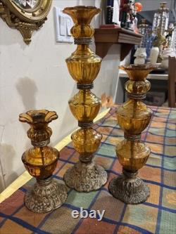Vintage MCM Hollywood Regency Amber Glass Stacked Candlestick Holders Set Of 3